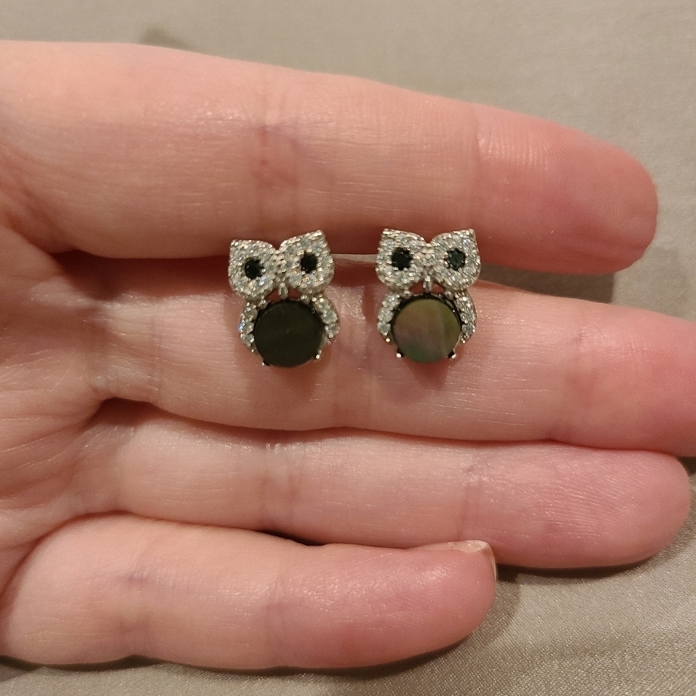 Owl earrings sterling silver mother of pearl cubic zirconia